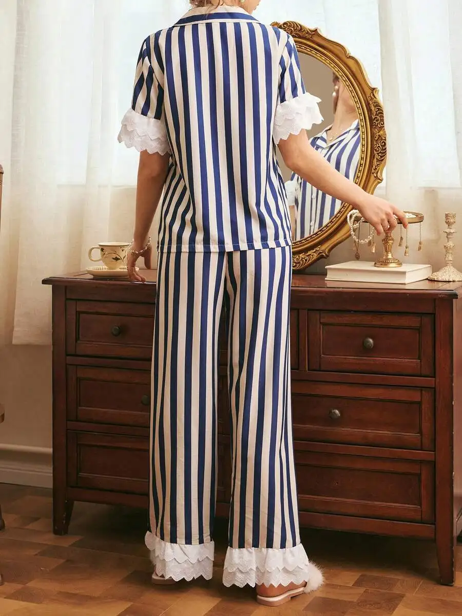 

Striped Women Pajama Set With Lace Trim Short Sleeve Turn-Down Collar