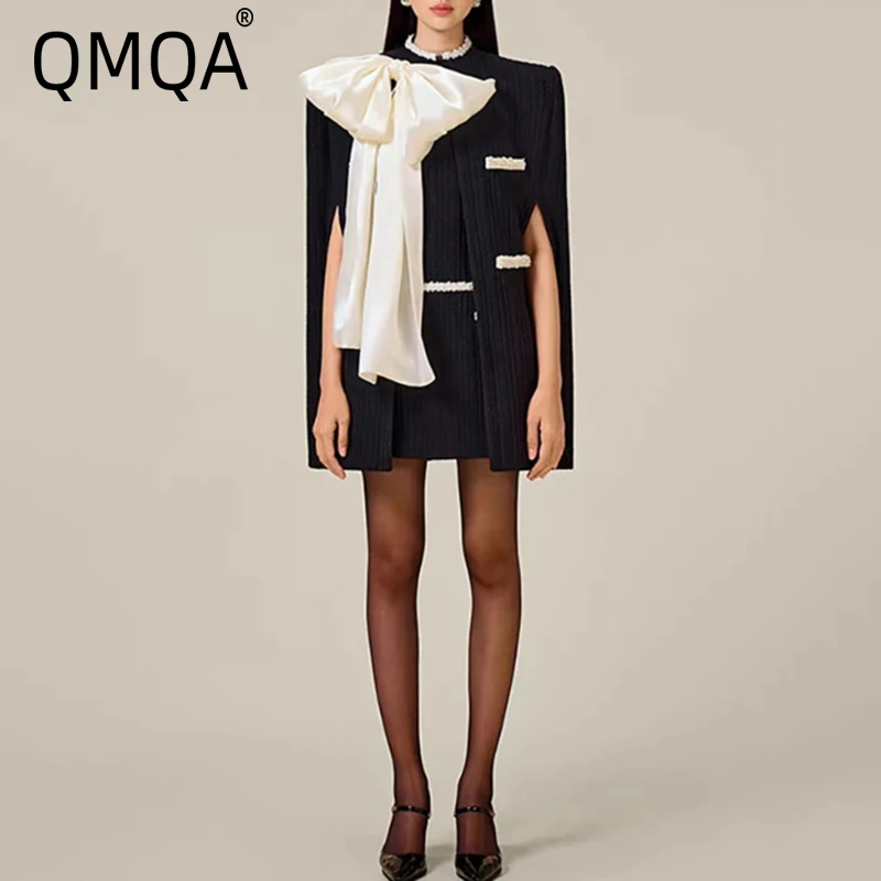 QMQA Fashion Women's Clothing Contrast Color Bowknot Cloak Jacket Sleeveless Mini Vest Elegant Dresses 2024 Female New 1A620