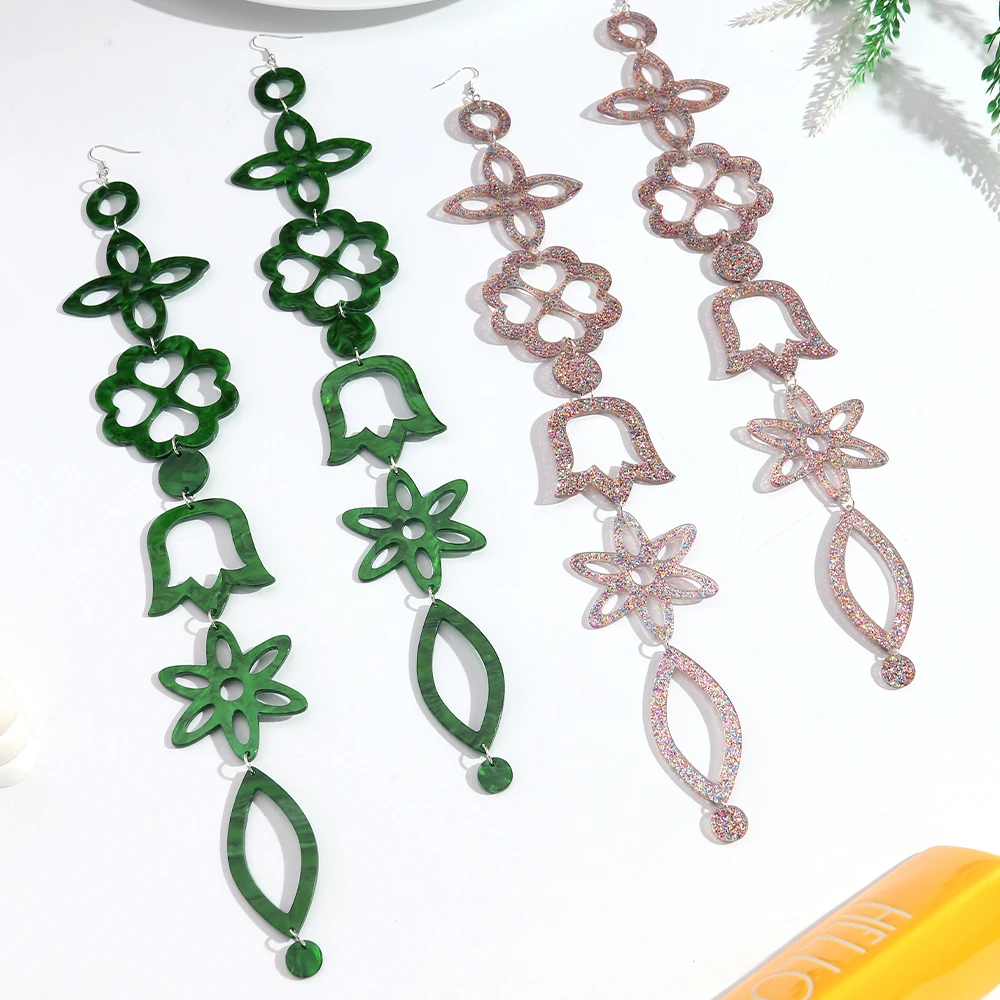 Exaggerated Extra Long Geometric Acrylic Drop Earrings for Women Hollow Flower Bell Pattern Pendant Earring Punk Jewelry Gift