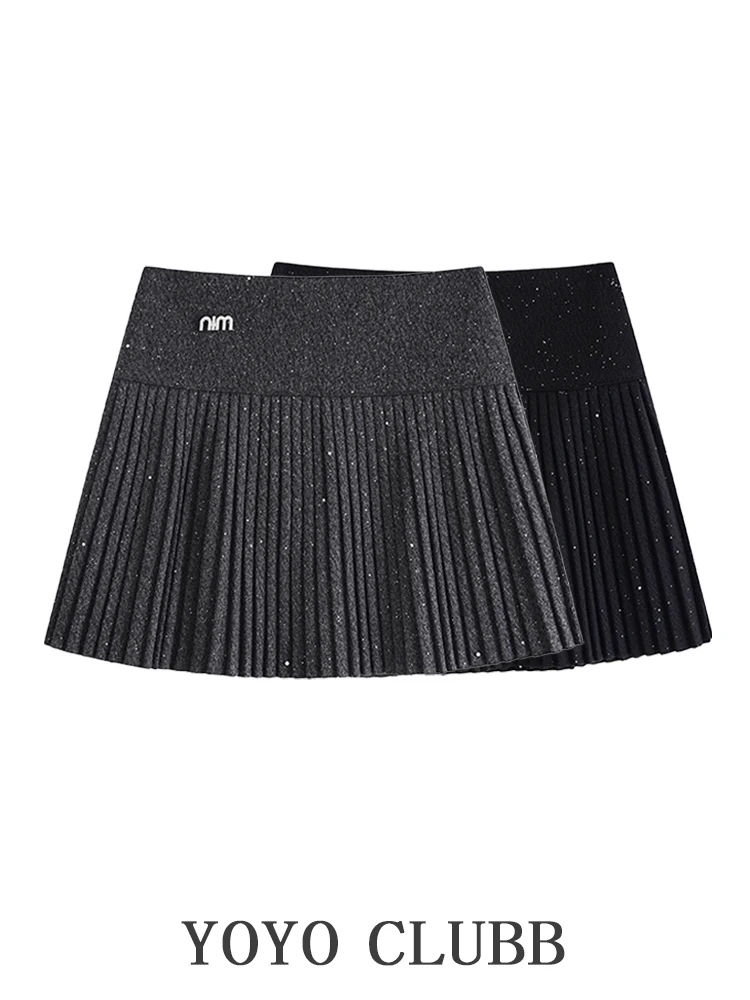 

iny Sequin Woolen A-Line Skirt High Waist Pleated ort Skirt Slimming Design Autumn Winter New Sle Women's Faion