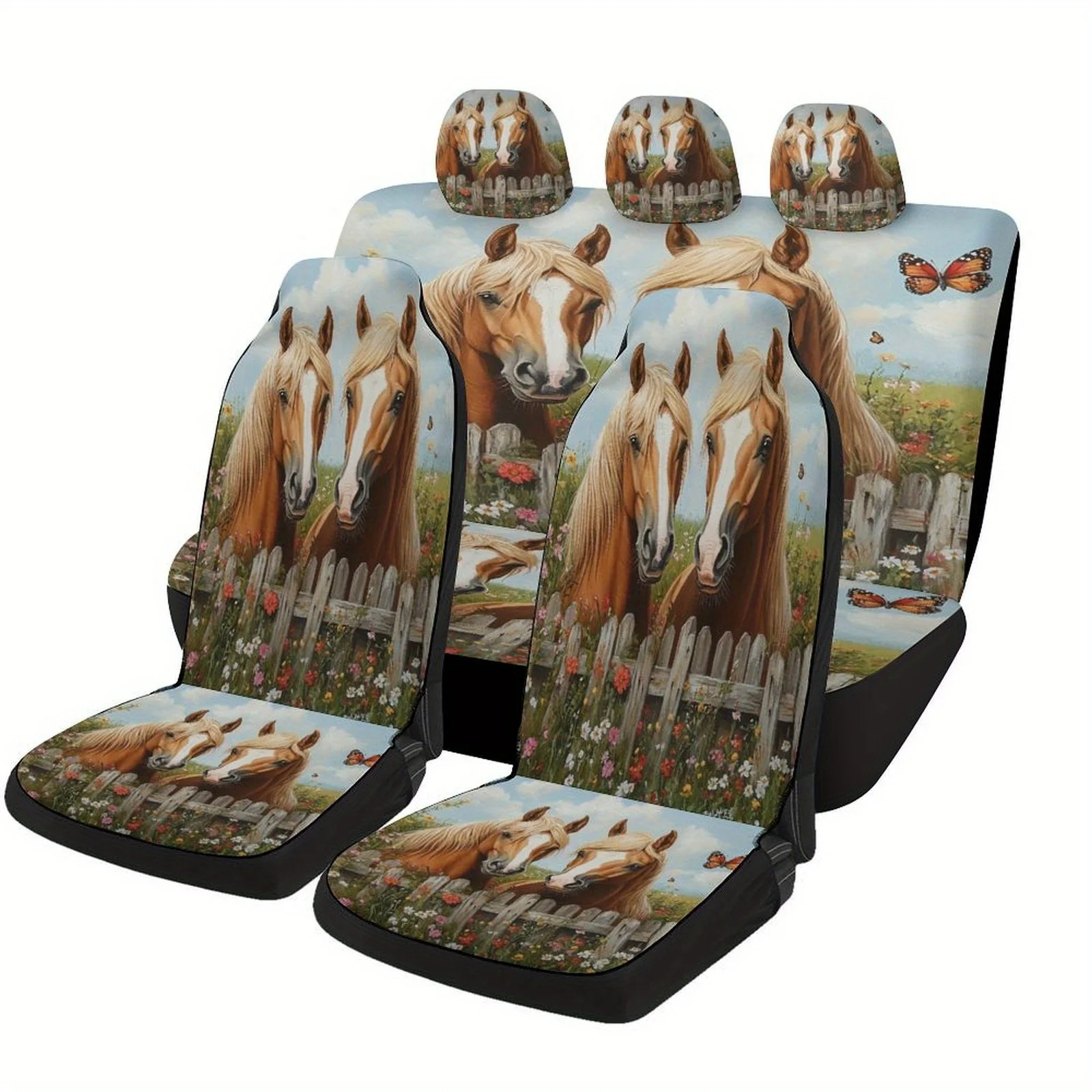 

Spring-Themed Horse Design Car Seat Cover Set Suitable For Various Vehicles, Stylish Custom High-Quality Seat Protectors For The