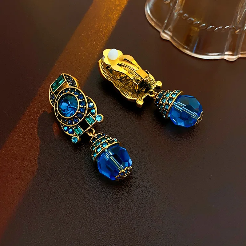 Lifefontier Luxury Palace Blue Rhinestone Big Clip On Earrings For Women Vintage Geometric Crystal Non Pierced Earring Jewelry