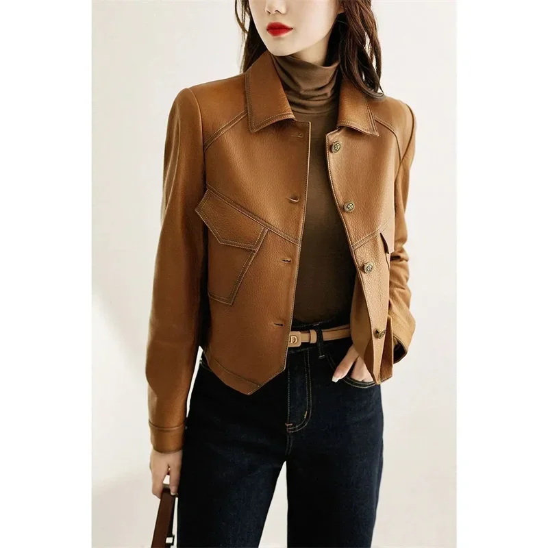 High-End Brown Women Bike Coat PU Leather Outwear Button Outfit Spring Autumn Women Fashion Short Thin Female Jacket Black A617