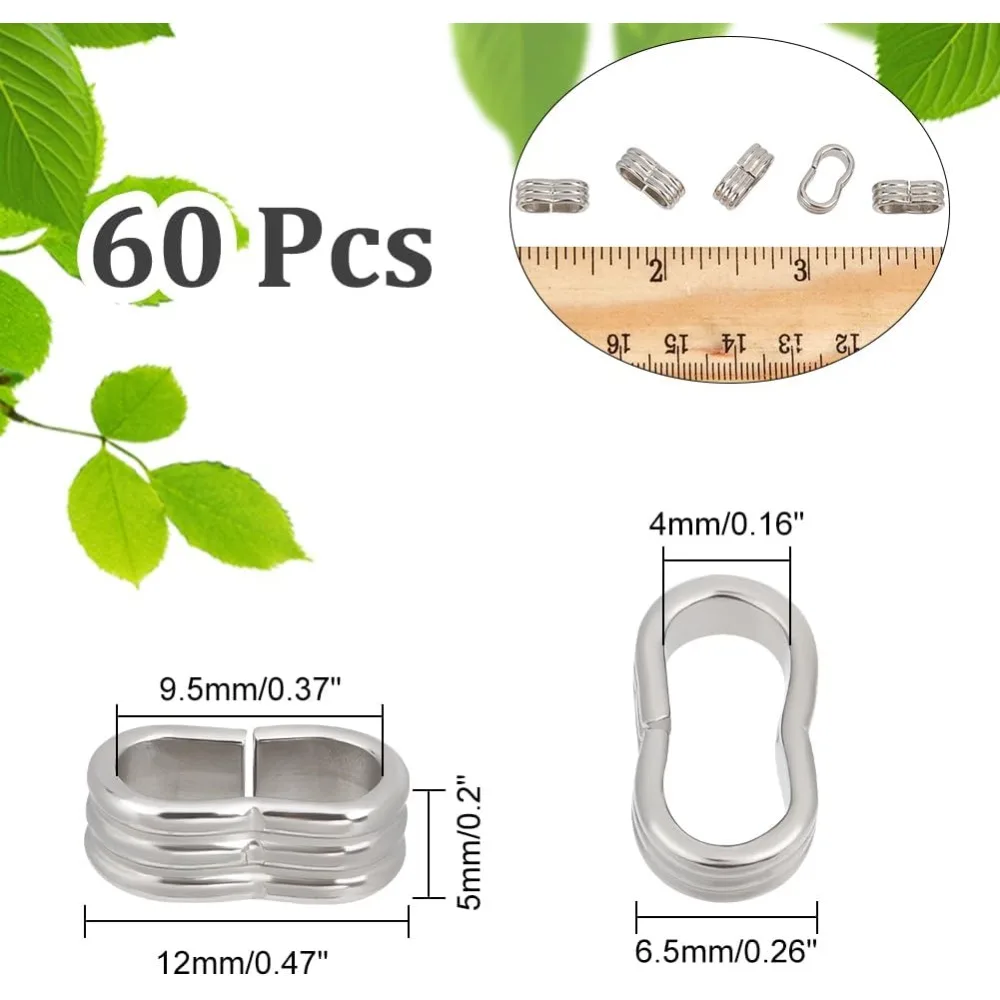 60pcs 6x12mm 201 Stainless Steel Slide Charm Two Large Hole Slider Loose Beads Connector Leather Wristband Locking Clips Spacer