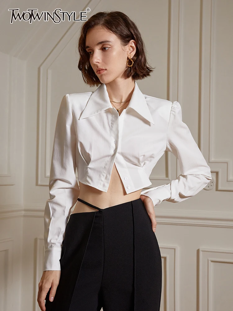 TWOTWINSTYLE Solid Slim Minimalist Shirts For Women Lapel Long Sleeve Patchwork Single Breasted Blouse Female Fashion Clothes