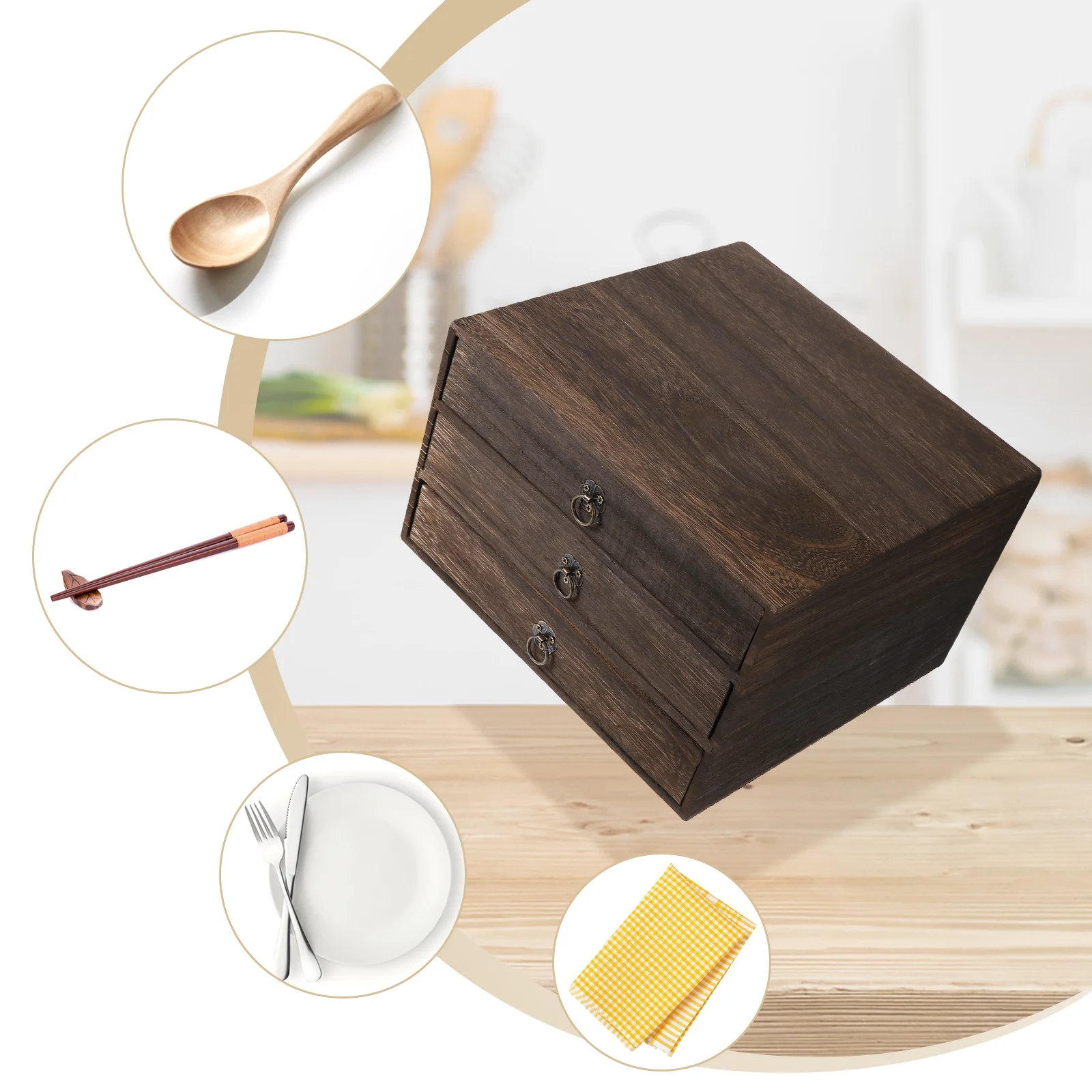 1Pcs Wood Desktop Drawer Organizer Solid Wood Storage Box Retro Pull Ring Design 3 Layer Desk Box Storage for Desktop