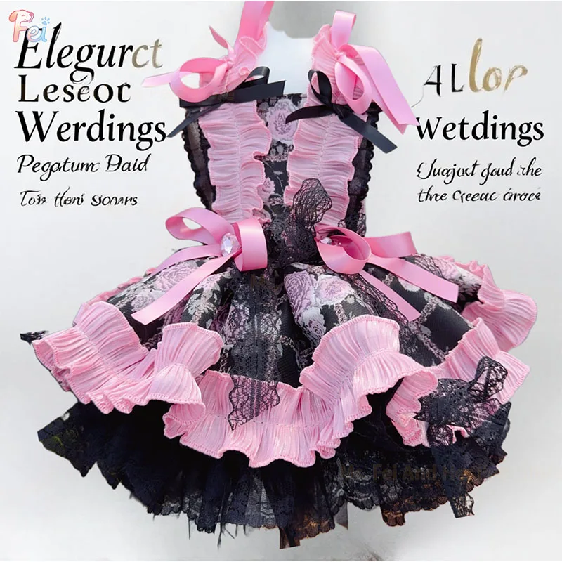 جميل كلب الملابس الفاخرة اليدوية الأسود الوردي زهرة طباعة ذيل طويل فساتين الأميرة للكلاب الصغيرة المتوسطة تشيهواهوا جرو