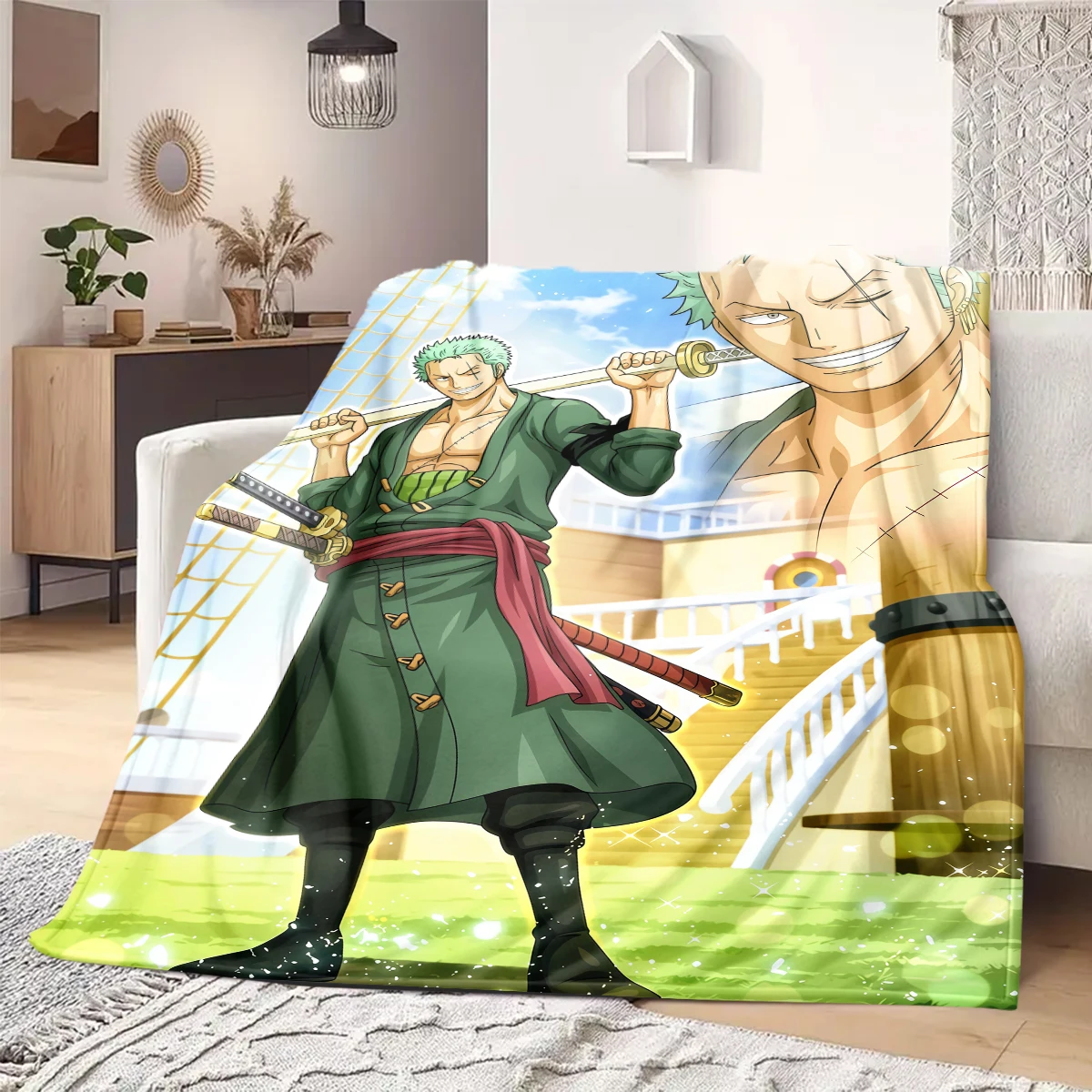 Decke mit Roronoa-Zoro-Aufdruck, warme, bequeme Flanelldecke, geeignet für Schlafzimmer, Sofas, Betten, Stühle, Reisen – QIAO128