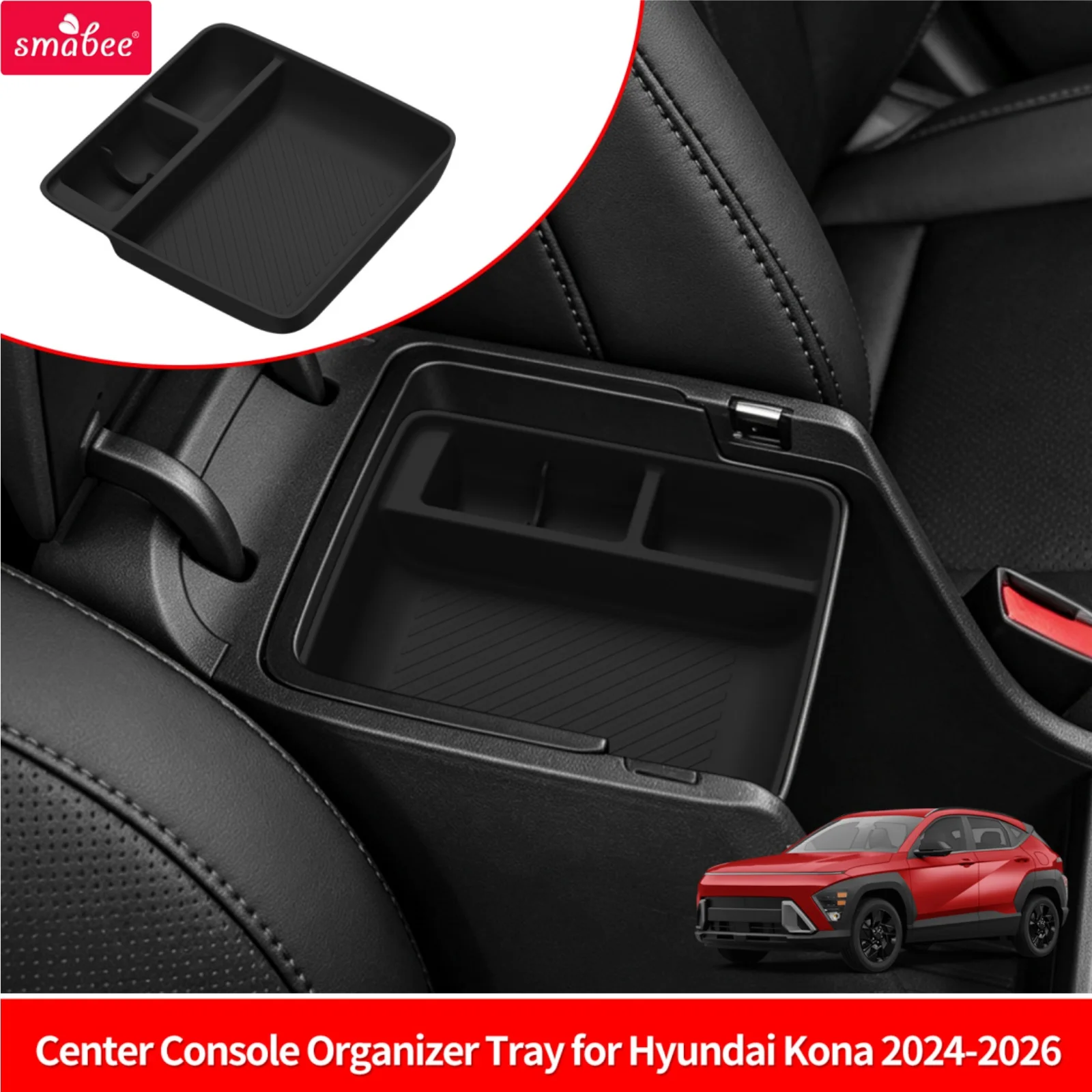 Smabee for Hyundai Kona 2024-2026 Silicone Car Armrest Bottom Storage Tray Mat Interior Accessories Black
