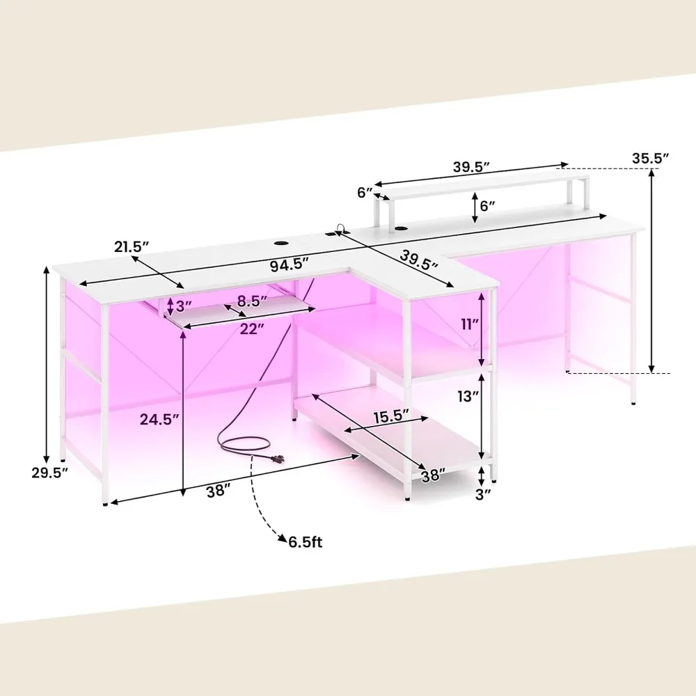 2-Person Reversible Computer Desk with LED Lights, 94.5” Long Office Desk with Power Outlets, Monitor Stand, Keyboard Tray & 2