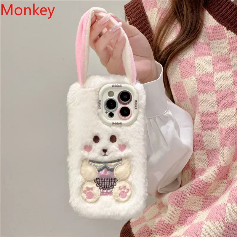 3D Cartoon Plush Phone Case For Apple iPhone 16 Pro Max Case 15 14Plus 13 12 11 Furry Rabbit Bunny Shockproof Silicone Fur Cover