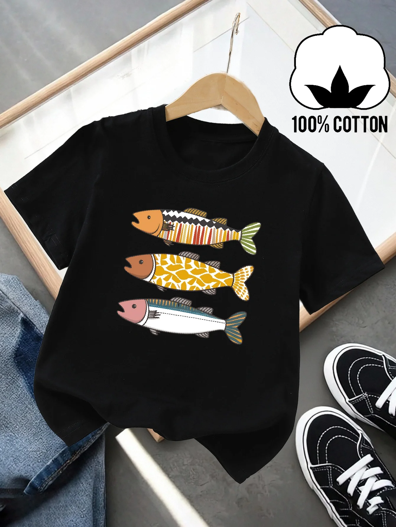 Children's Fun and Bright Fish Pattern Print Summer Street Round Neck Short T-shirt Casual and Comfortable Parent-child Outfit