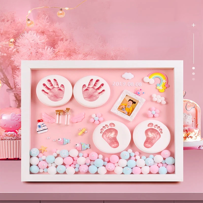 Baby's Full Moon Stereoscopic Hand Foot Printing Mud One Year Old Hand Model Souvenir 28.4x33.4CM Wooden Photo Frame Decoration