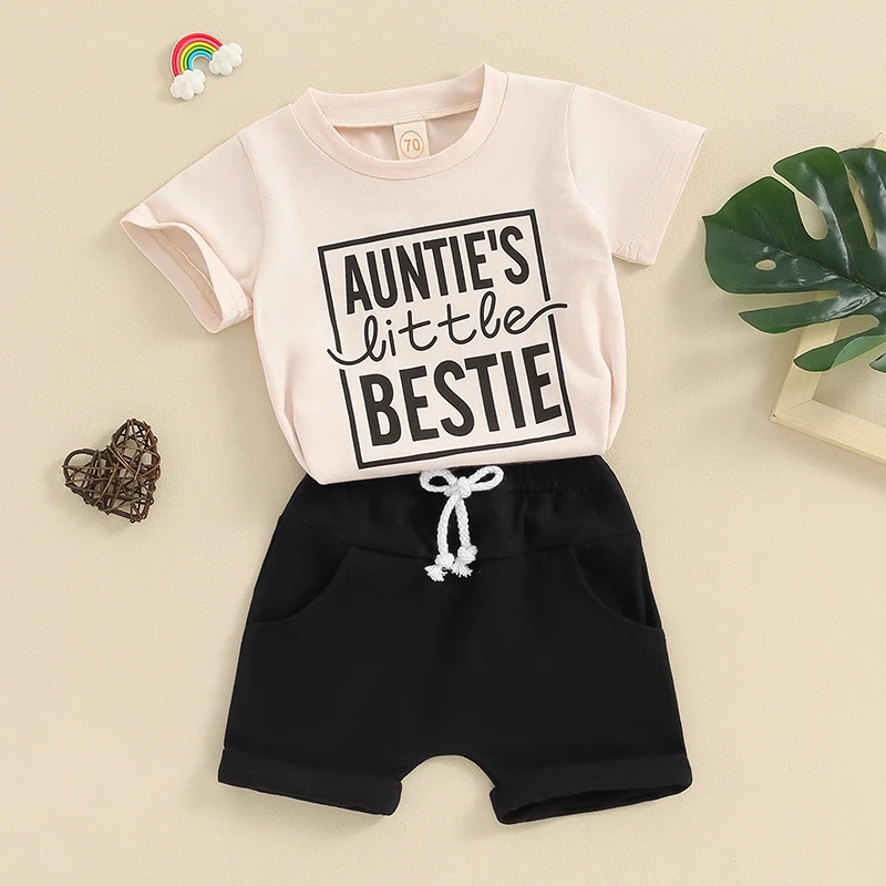 Infant Toddler Baby Boy Girl Summer Clothes Short Sleeve Auntie s Little Bestie T-Shirt Tops Solid Shorts Set 2Pcs Outfits