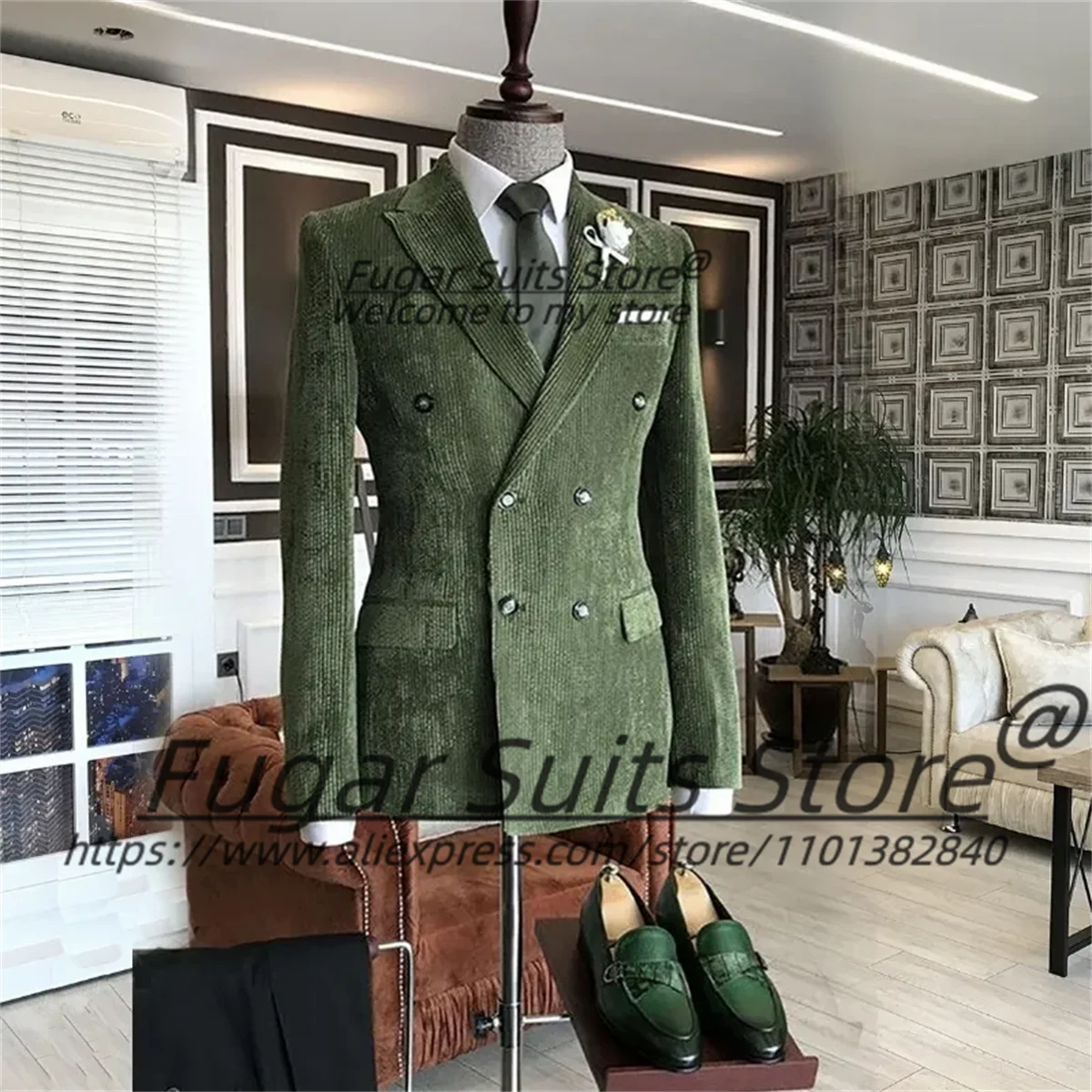 Handsome Green Corduroy Fashion Men Suits Slim Fit Double Breasted Groom Tuxedos 2 Pieces Sets Casual Male Blazers Ropa Hombre