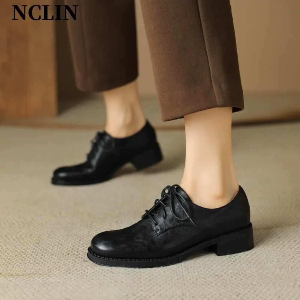 

Chunky Pumps Platform Oxfords Shoes for Women 2025 Spring Lace Up Flats Woman Thick Bottom Genuine Leather Gothic Loafers Shoes