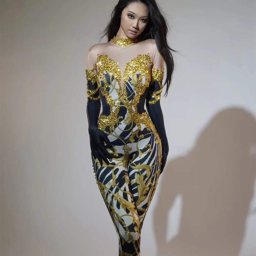 

Одежда для танцев на Хэллоуин, сексуальный эластичный комбинезон из спандекса с золотыми стразами, наряд Drag Queen, костюм для сценического танцовщицы, фотосессии
