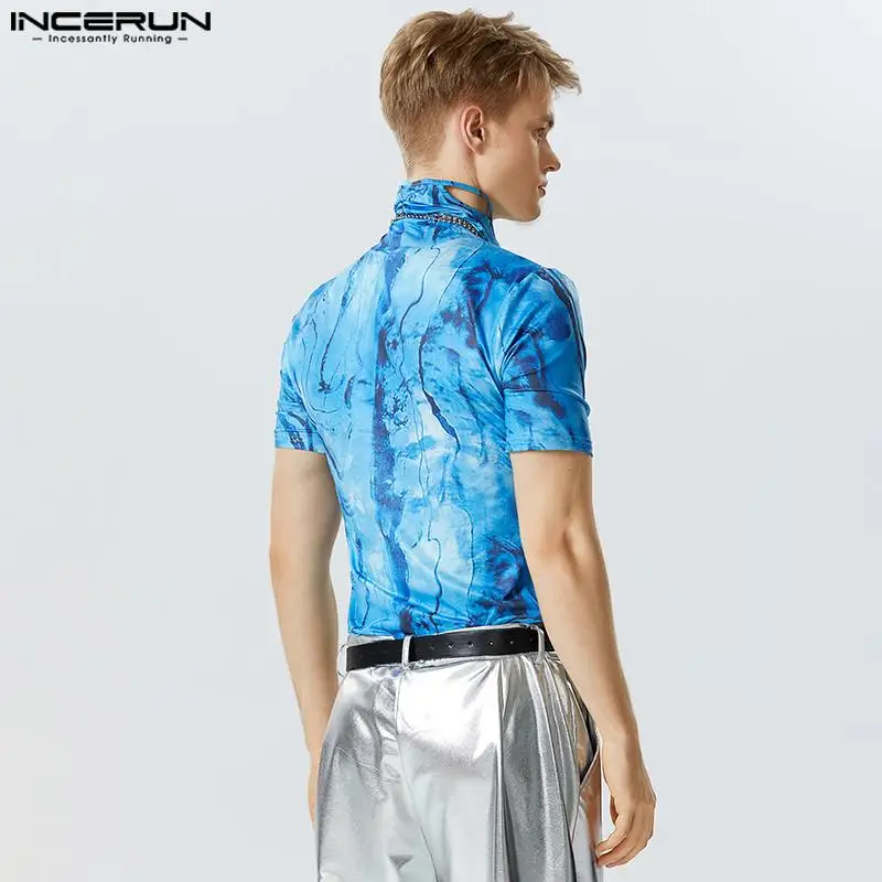 INCERUN Men Bodysuits Printing Turtleneck Short Sleeve Fashion Rompers T Shirts Men 2023 Summer Fitness Casual Bodysuit S-3XL