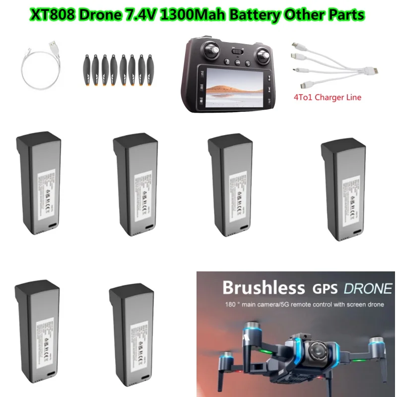 Xt808 motor sem escova gps retorno controle remoto rc drone quadcopter peças de reposição 7.4v 1300mah bateria controlador usb hélice