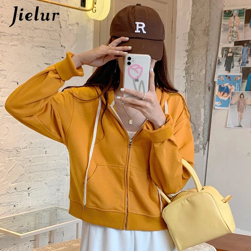 Jielur Herfst Koreaanse Short Hoodies Dames Streetwear 6 Pure Kleuren Casual Dun Sweatshirt Met Capuchon Damesvesten S-L