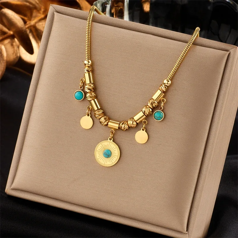 Stainless Steel Gold Color Round Green Stone Pendant Necklace For Women Vintage Ethnic Girls Chain Jewelry Gifts