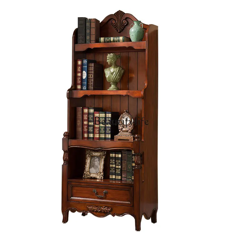 

American Bookcase Solid Wood European-Style Small Apartment Living Room Retro Bookshelf Multi-Layer Locker Floor