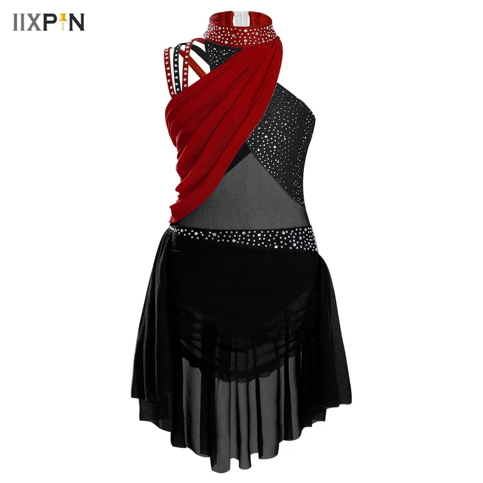 

Kids Girls Lyrical Dance Dress Figure Skating Ballet Costume Sparkling Rhinestones Sleeveless Crisscross Strappy Leotard Dress