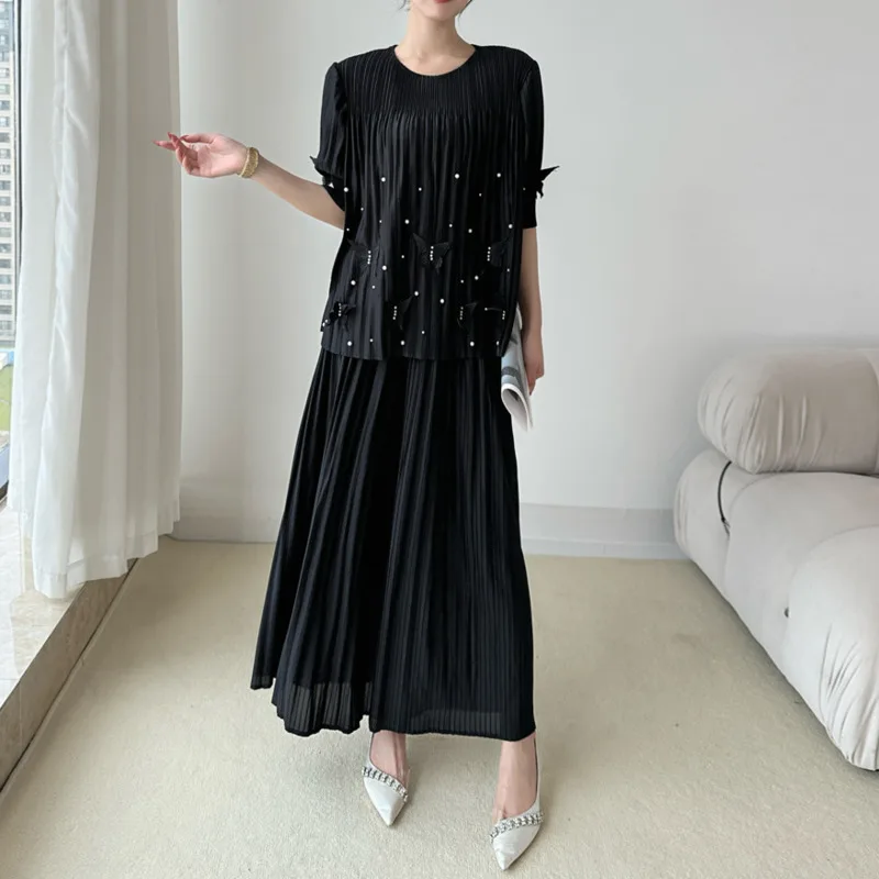 YFPF Women Pleated Beading Bow Spliced Design 2 Piece Set Short Sleeve Tops + Wide Leg Trousers Summer New Clothing 3A294