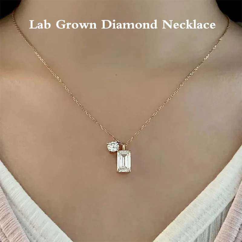 

2 Ct Emerald Cut & 0.4ct Round Cut Lab Grown Diamond Necklace 14k 10k Gold/925 White Silver IGI Certified Birthday Gift For Her