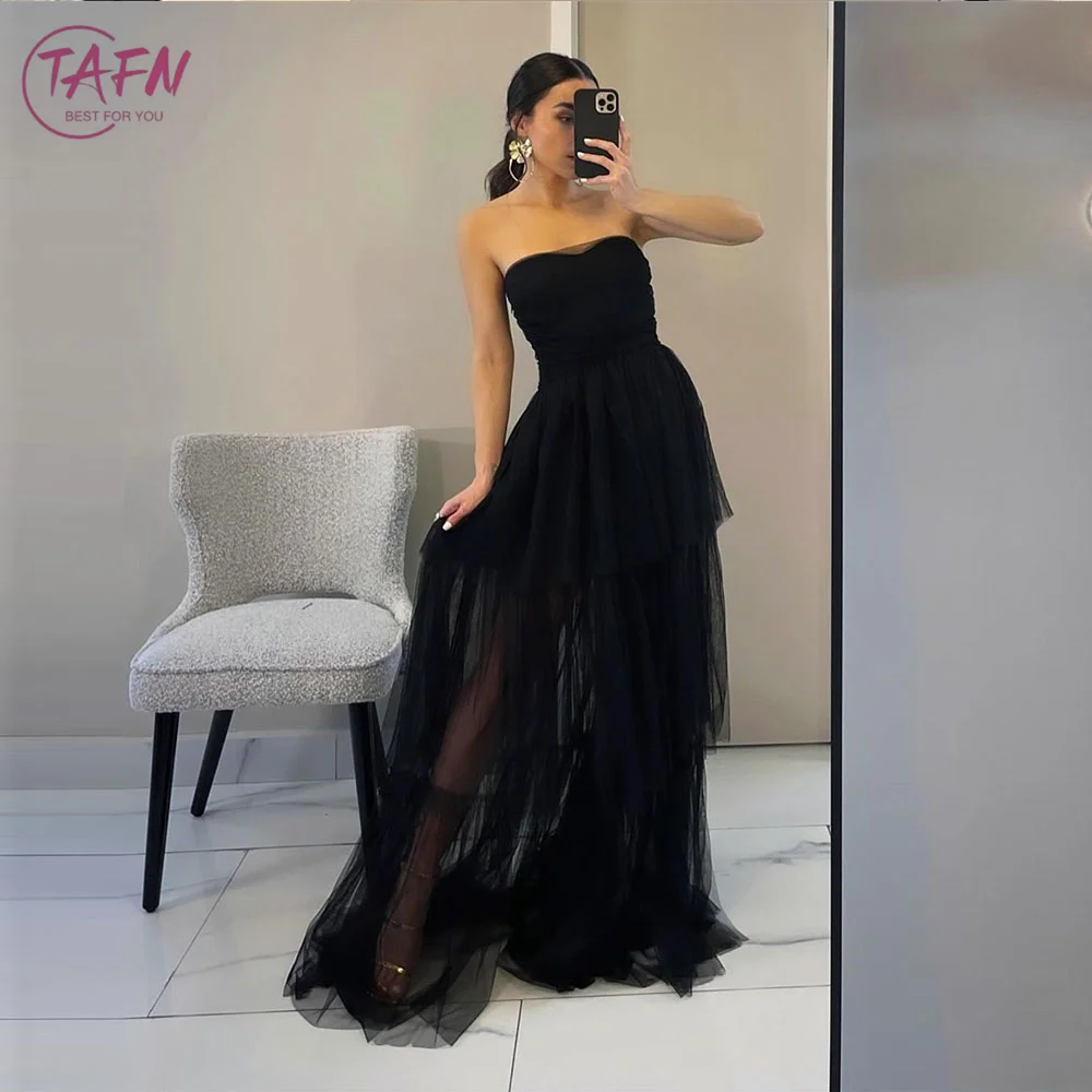 

TAFN Black Formal Evening Dresses for Women Strapless Tiered Draped Prom Party Gown Floor-Length A-line vestidos de fiesta