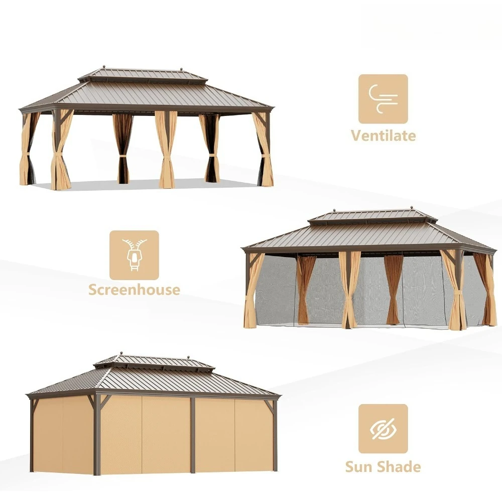 

12' X 20' Hardtop Gazebo, Outdoor Galvanized Steel Double Roof Permanent Aluminum Frame Pavilion Pergola Canopy with Privacy