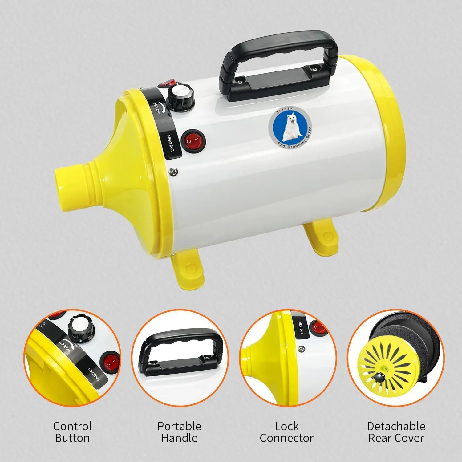 oming Dryer With Adjustable Speed And Temperature Control, Dog Blow Dryer With 4 Nozzles (White Yellow)