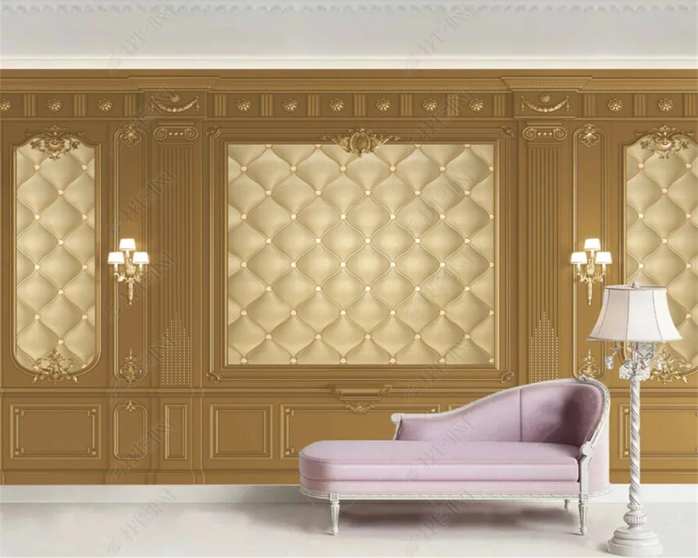 

beibehang Customized new golden gypsum line European style carved leather soft bag TV background wallpaper