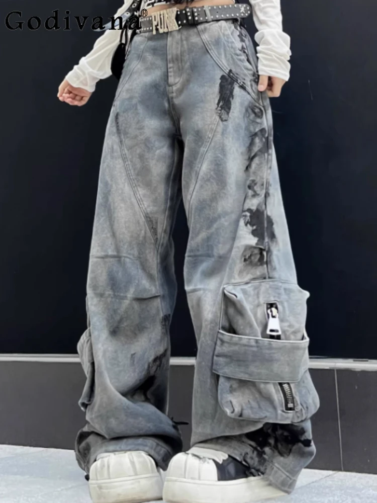 

New Fashion Blue Graffiti Tie-dye Hip-hop Sexy Do Old Denim Mopping Pants Versatile Loose Personality Girls Straight Trousers