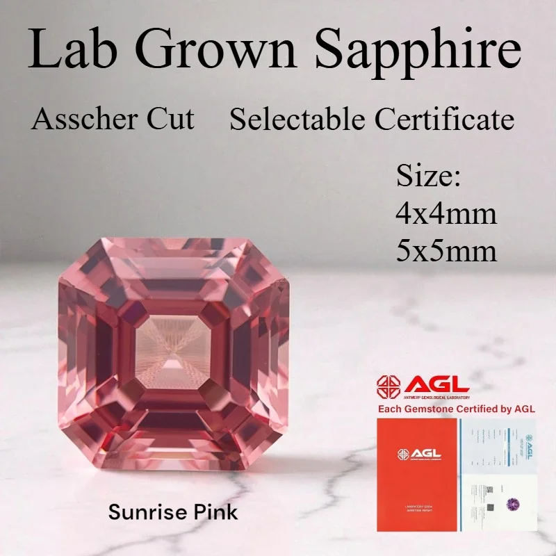 

Lab Grown Sapphire Asscher Cut Sunrise Pink Loose Gemstone With AGL Certificate Pass Diamond Tester For Jewelry Making