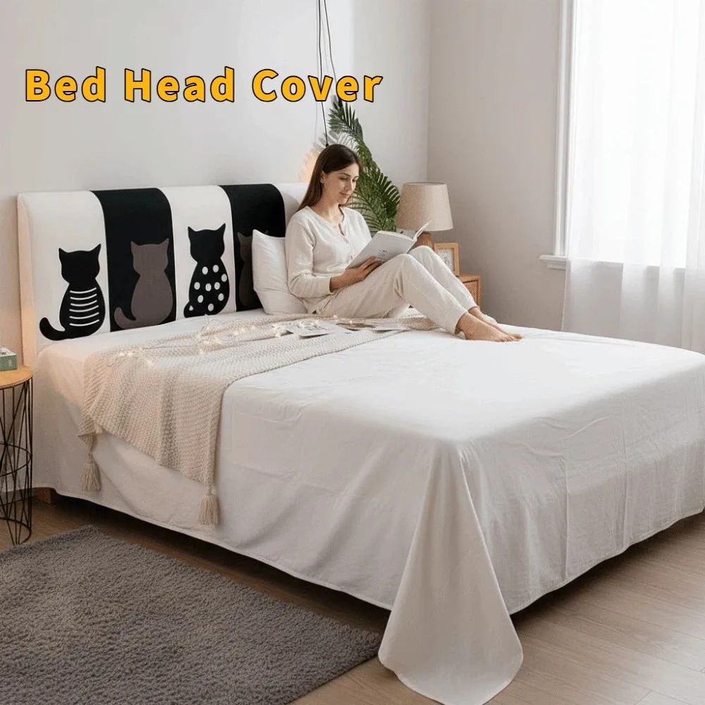 Soft Elastic Bed Head Cover Cat Pattern Dustproof Bedside Cover Skin-friendly Feel Cartoon Headboard Cover for 1.5m Bed
