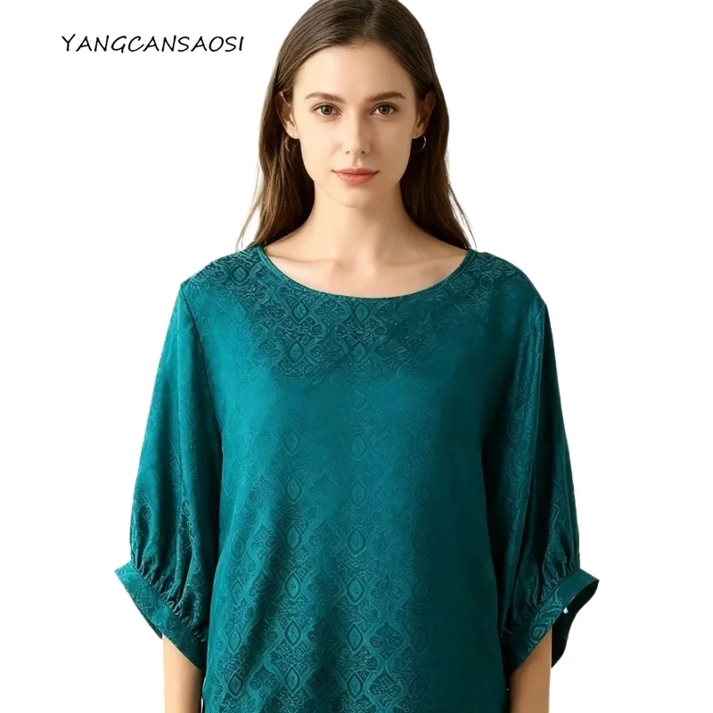 

Women's Fashion Clothing 100% Natural Mulberry Silk Three-quarter Sleeve Sea Blue Casual Round Neck Loose Top T-shirt