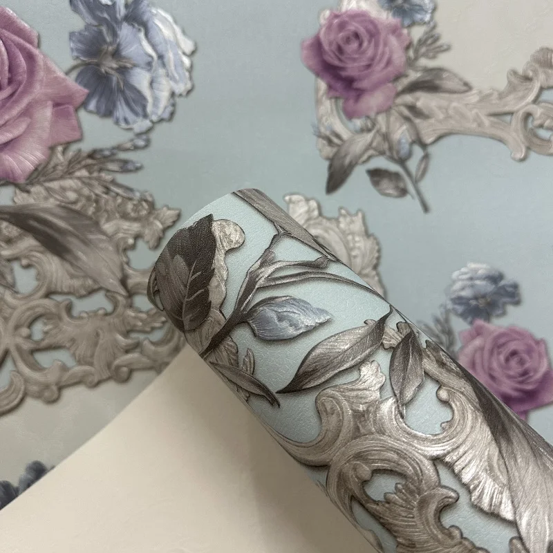 Teal Color Photowall Rose Flower Wallpaper Retro Floral PVC Wall Paper Roll Bedroom Backdrop Decor, Teal,Black,Green