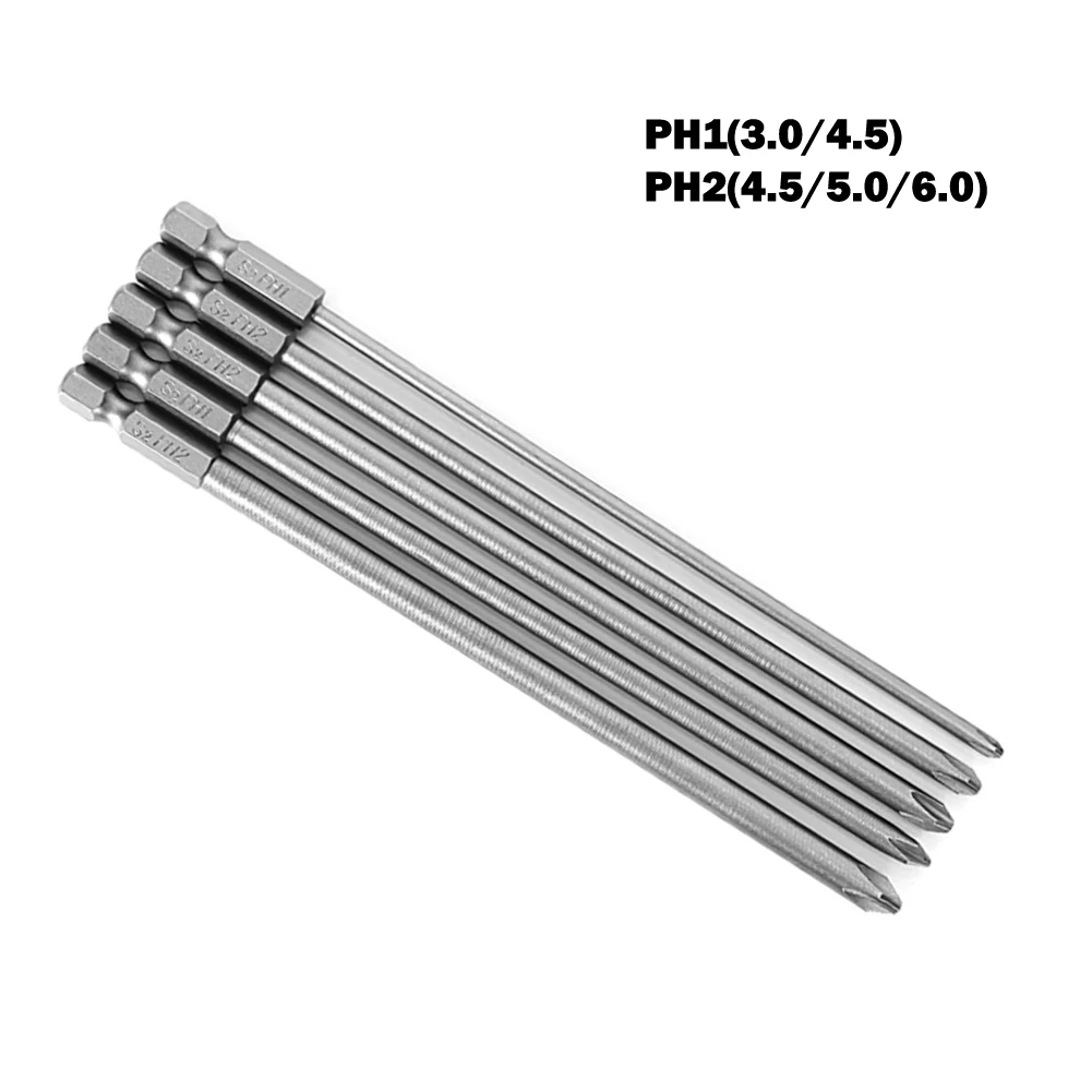 

5Pcs Cross Screwdriver Bits 6.35mm Shank 150mm Long PH1 PH2 Cross Screwdriver Bits Power Driver Woodworking Tools