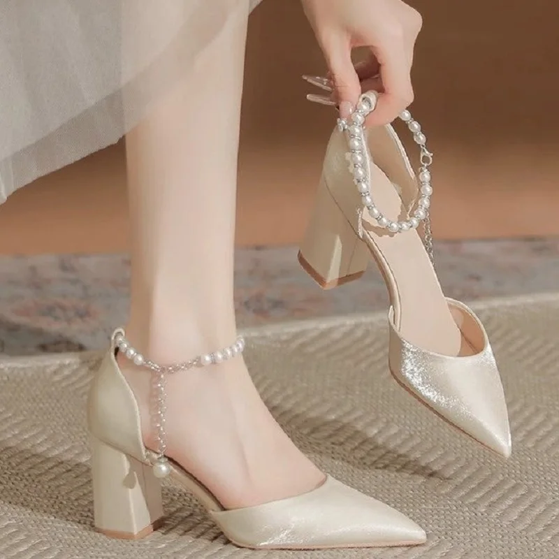 2026 New Elegant Pearl-Embellished Satin Heels - 5cm Chunky Low Heel Bridal Shoes with Adjustable Ankle Strap