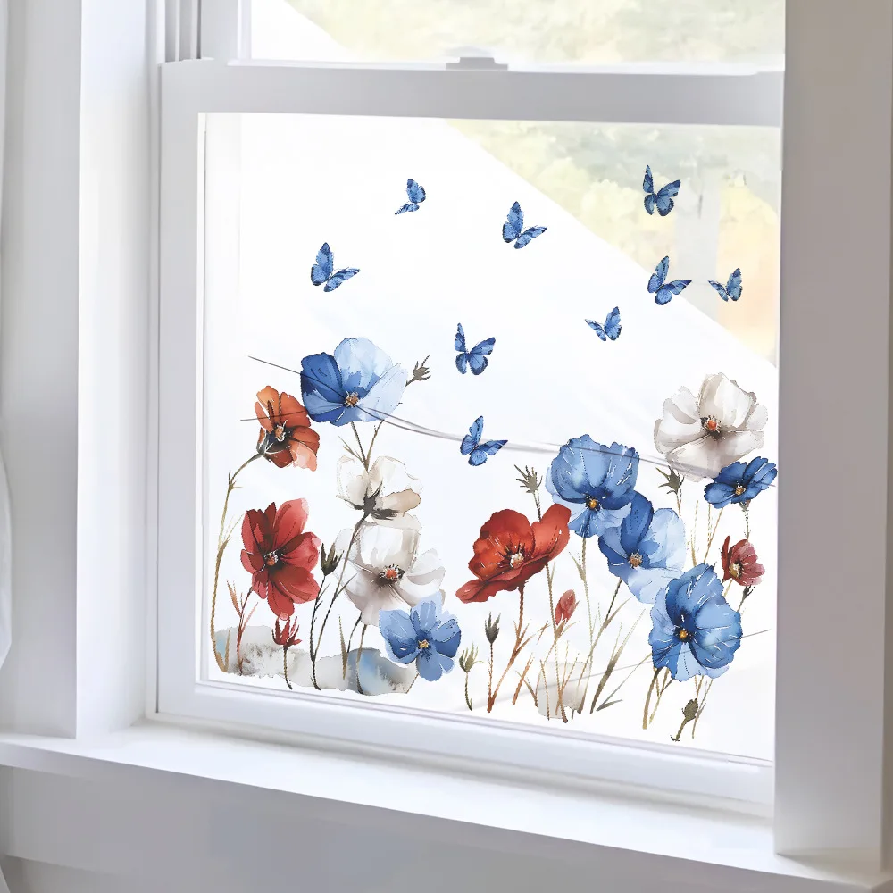 Fashionable bright watercolor flowers Poppy glass window home beautify decoration electrostatic uv best-selling window stickers