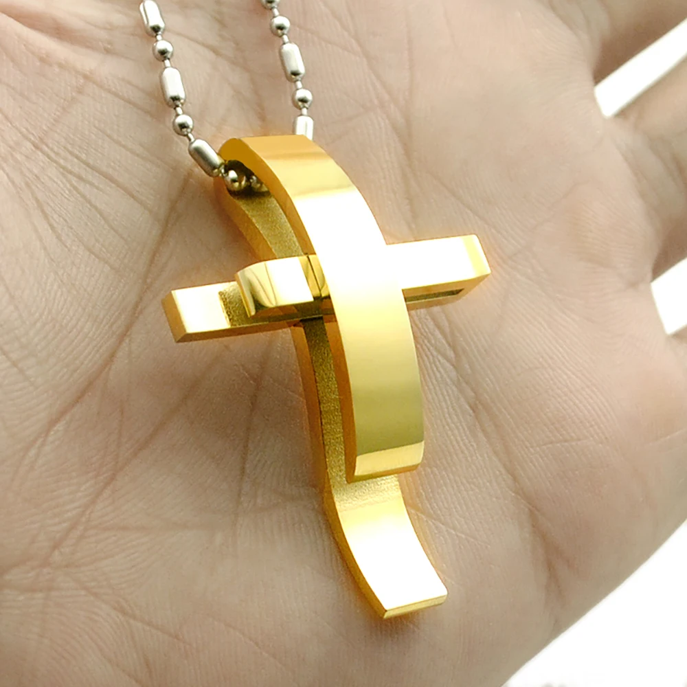 AMUMIU Silver Color Cross Stainless Steel Pendant Necklace Men Women Chain Jewelry Christmas Gifts Wholesale KP101