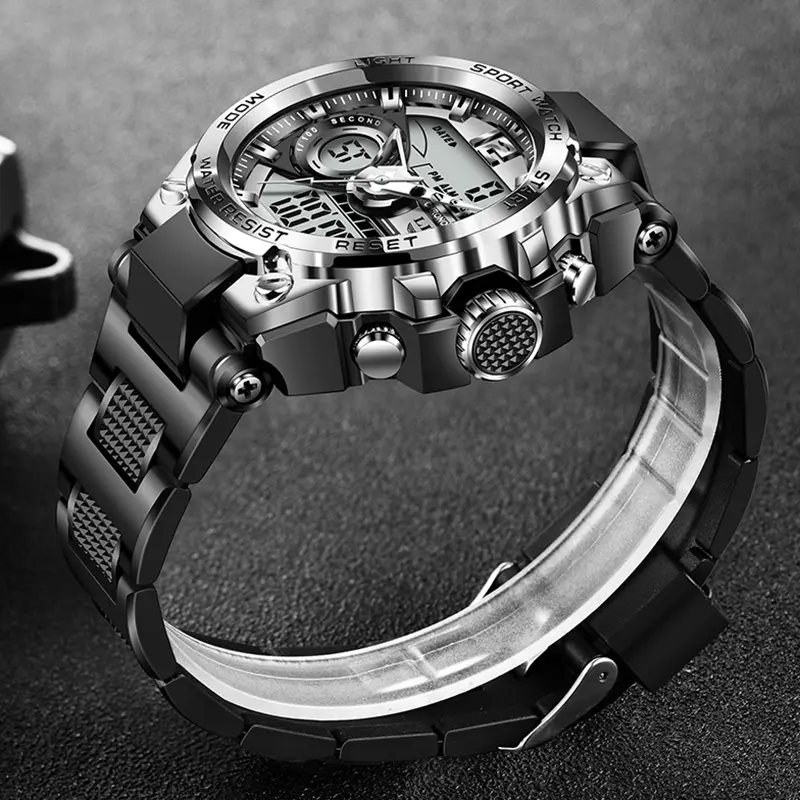 LIGE Men Sport Watch 50M Waterproof Dual Display Analog Digital Watch LED Backlight Chronograph Quartz Wristwatch Gift Box Set - 2