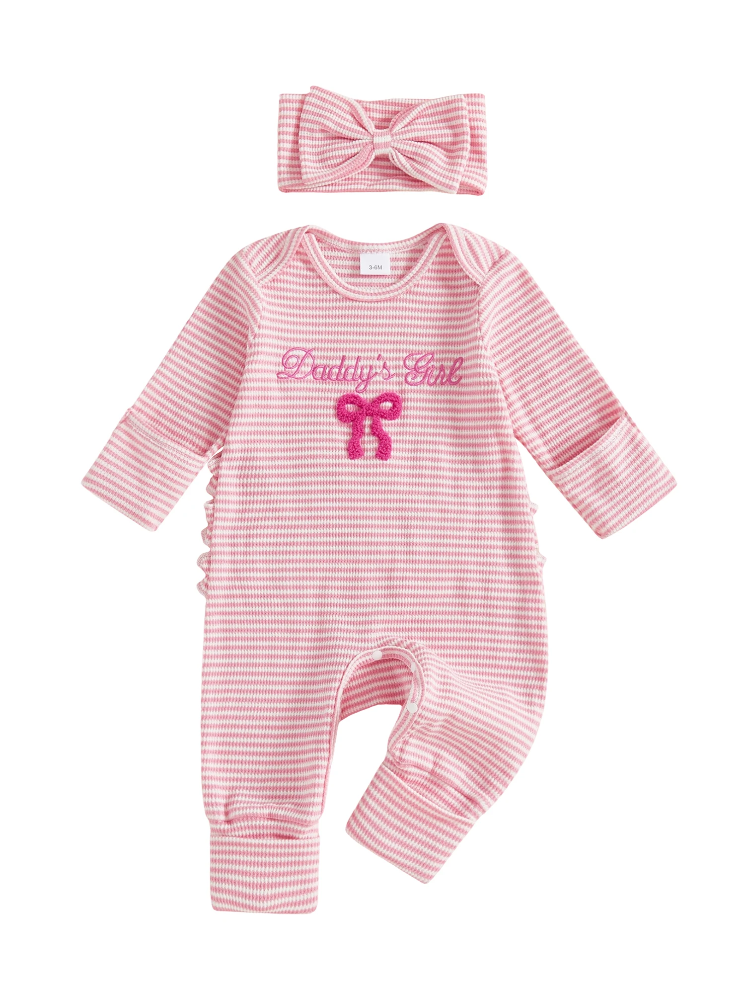 Playsuit Bayi Balita Motif Garis Musim Gugur dengan Bordir Huruf, Lengan Panjang dan Kerah Bulat Dilengkapi Pita Senada
