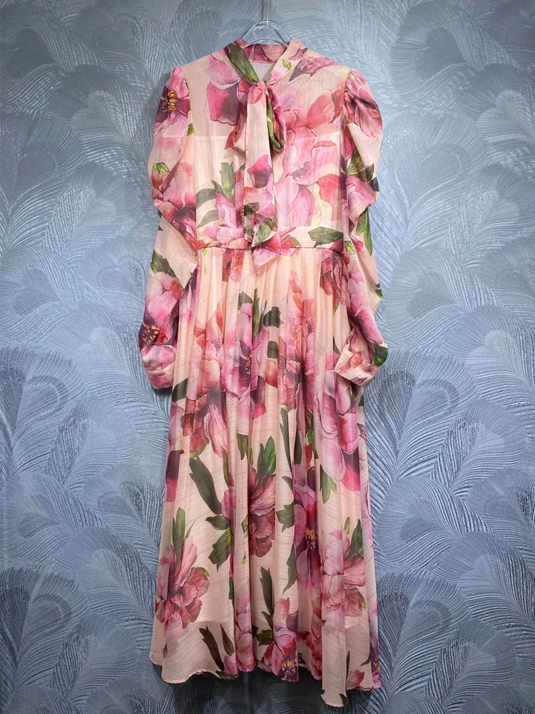 

SEQINYY Elegant Long Dress Summer Spring New Fashion Design Women Runway Sicily Vintage Pink Flower Print Casual Holiday