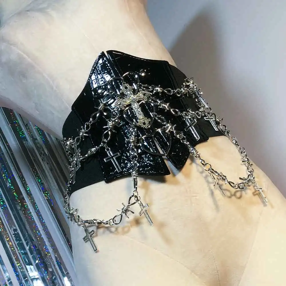 Teen Y2K Gothic Cross Grunge Vegan Leather Top with Chain Waistband for E-Girls Harajuku Emo Punk Rock Goth Kawaii Style