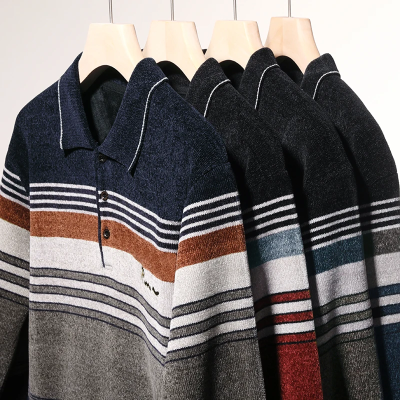 メンズプルオーバーセーターレトロラペルジャージ秋冬厚手フリースセーターエレガントな高級ブランドブラウンニットセーター