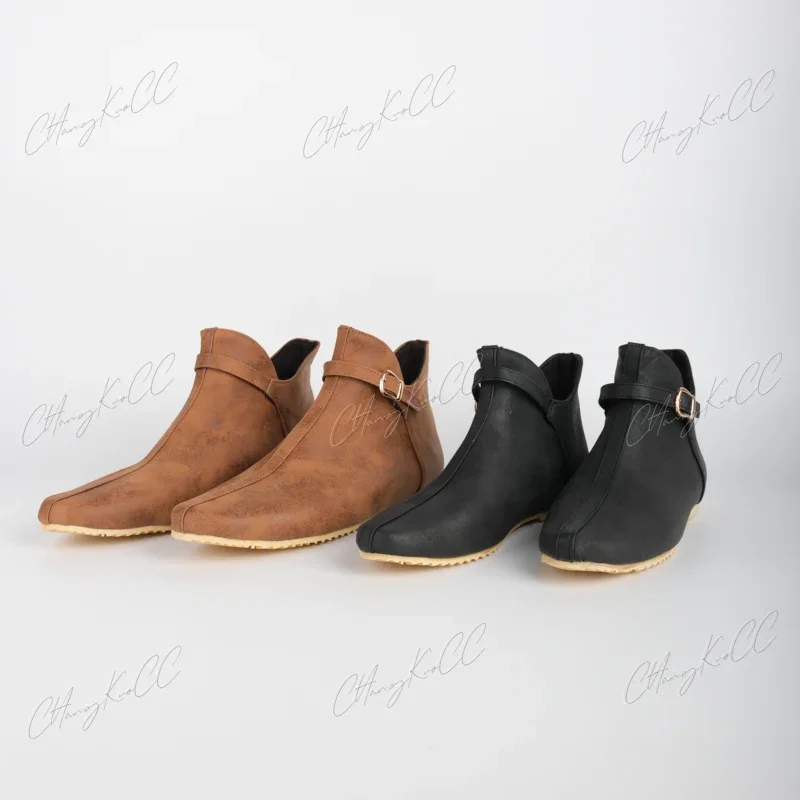 Botas de couro vintage medieval masculino com fivela marrom, sapatos baixos curtos, cavaleiro viking, príncipe, cosplay, fantasia pirata, renascentista