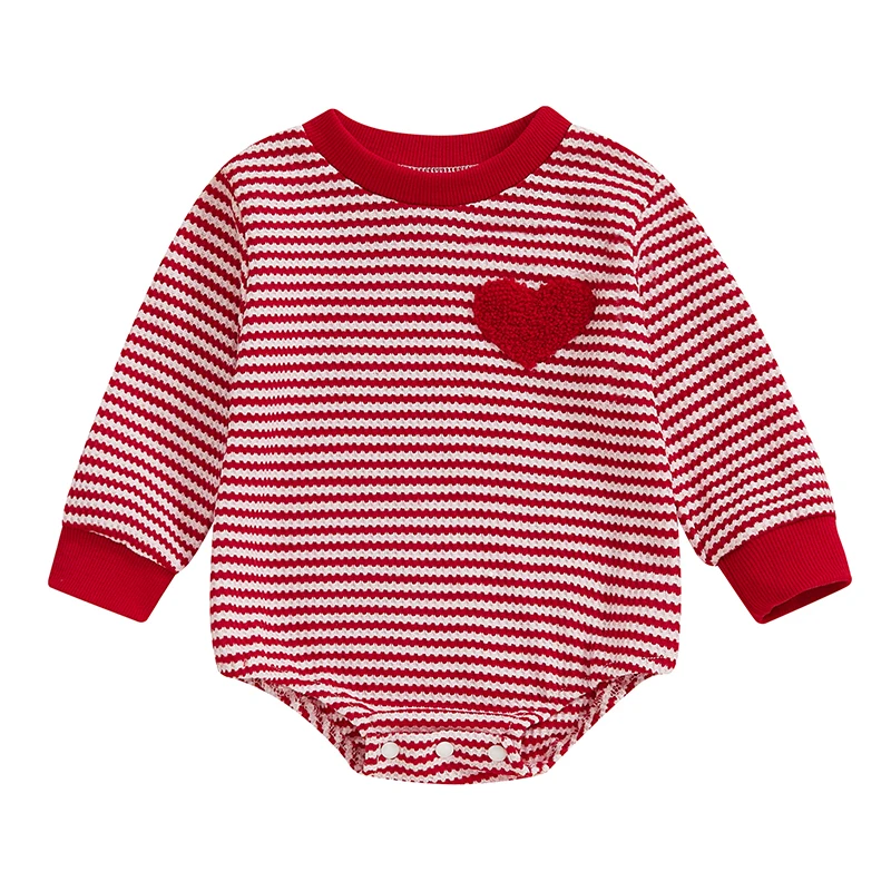 Baby Boy Girl Valentines Day Outftits Long Sleeve Heart Print Striped Waffle Bubble Romper Infant Spring Bodysuit