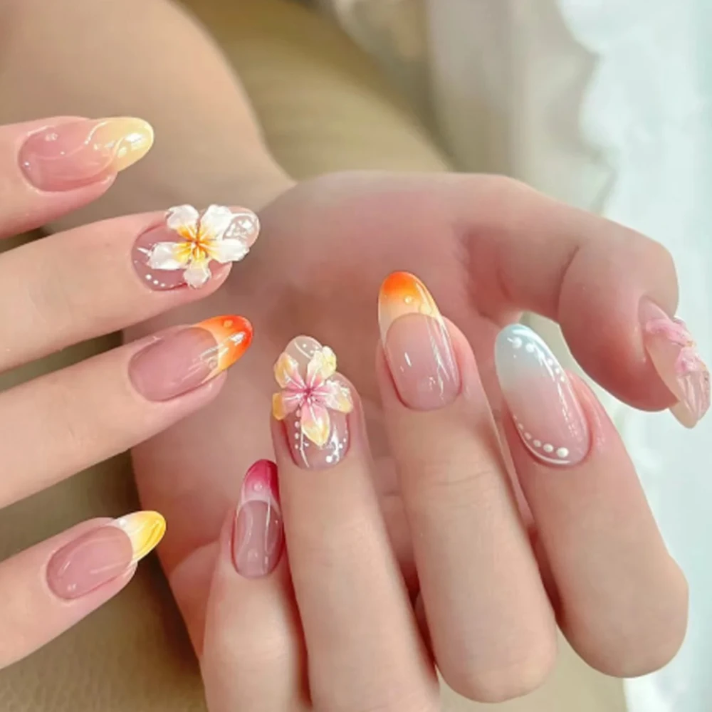 Pétalo de flores 3D, arte de uñas usable, moda Simple, uñas postizas de almendra francesa negra, uñas postizas terminadas desmontables, prensa en las uñas